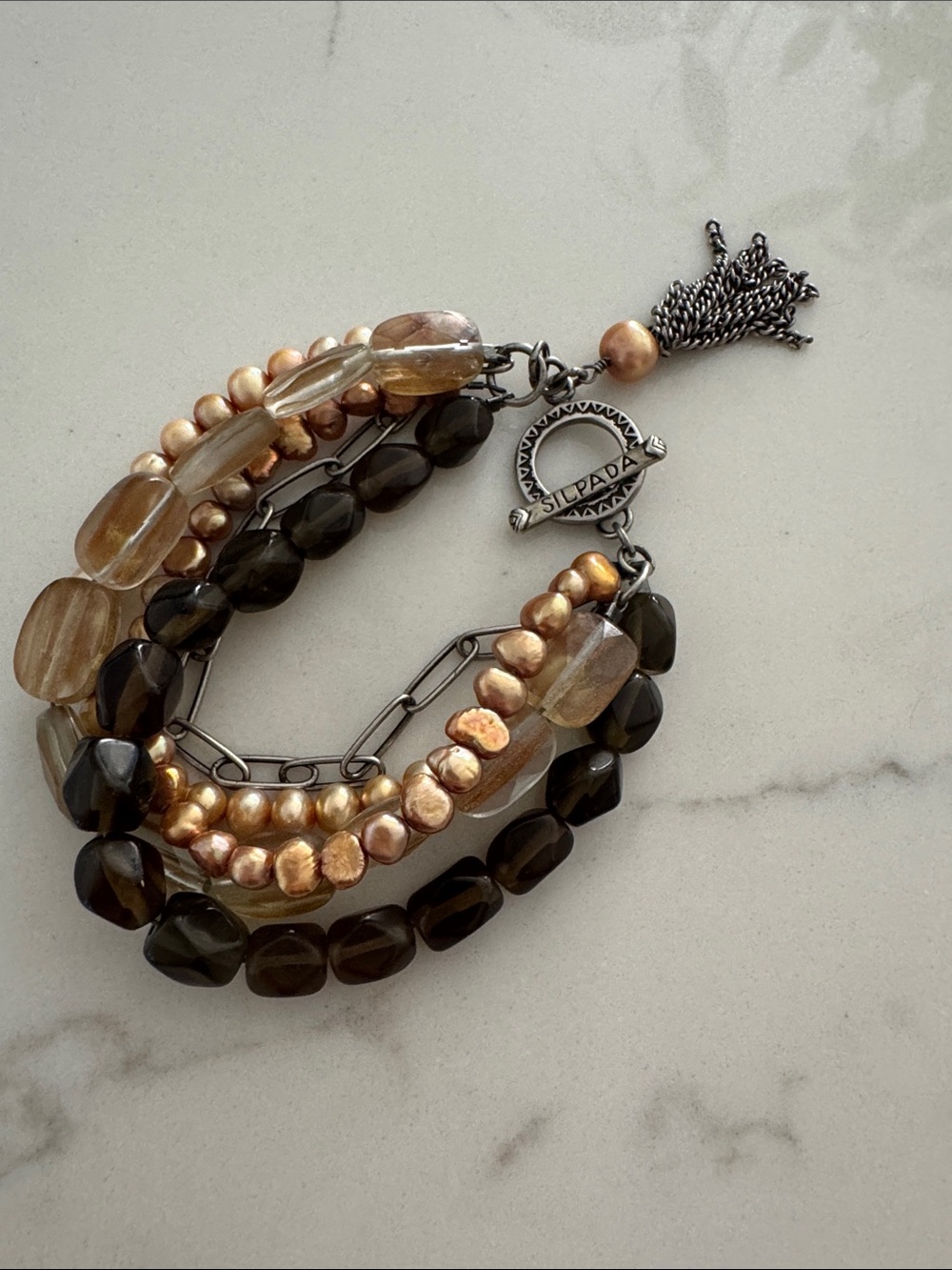 Silpada Copper Pearls Smoky Quartz 925 Sterling Tassel Toggle Bracelet B1412 - Picture 2 of 3